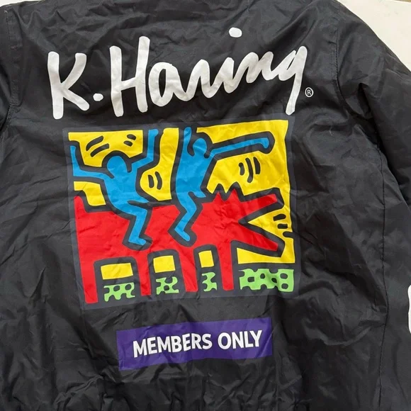 Members Only x Keith Haring Hooded Jacket Black Graphic Poly Filled Streetwear M - Picture 8 of 17